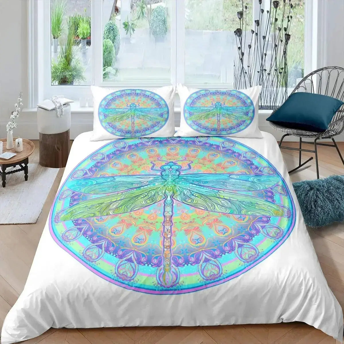 Mandala paisley dragonfly quilt cover on king size bed with matching pillows
