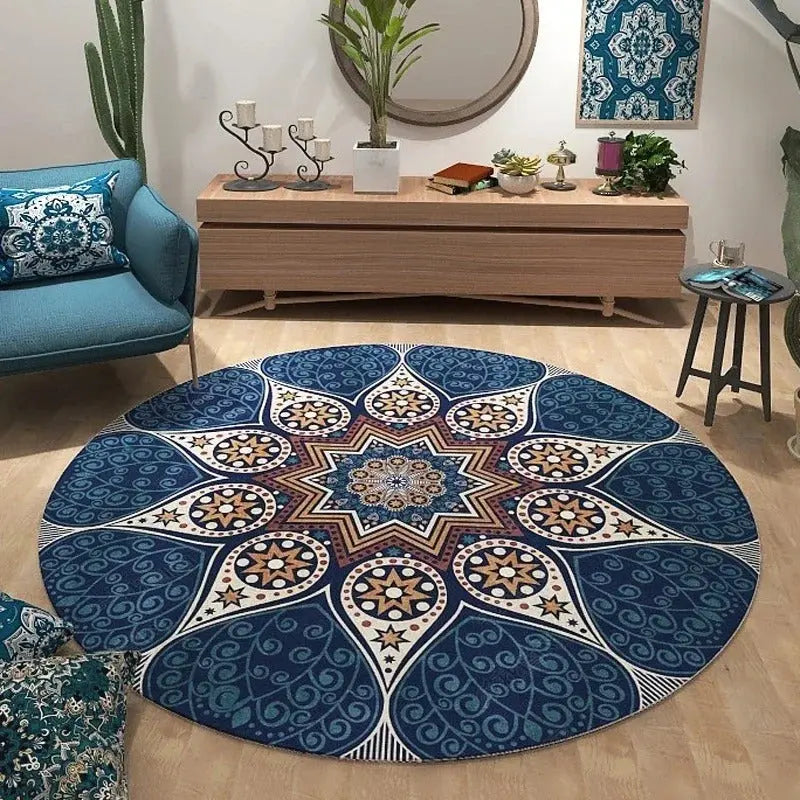 Ethnic mandala round carpet under rocking chair in boho living room