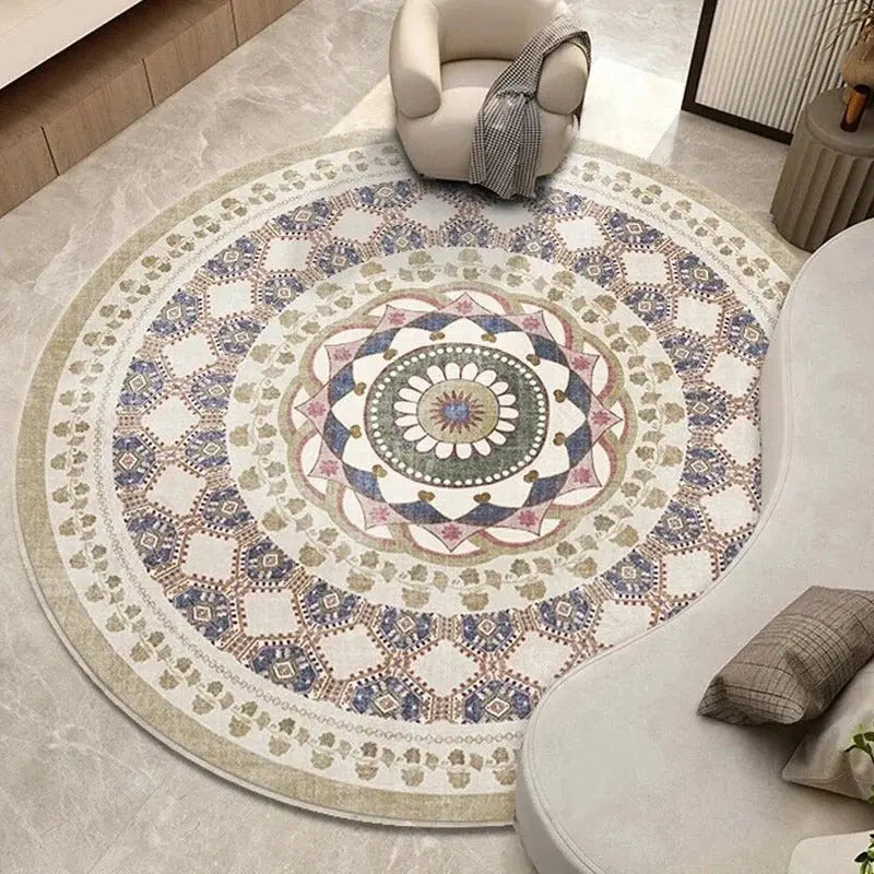 Mandala round rug placed in spiritual, artistic studio space