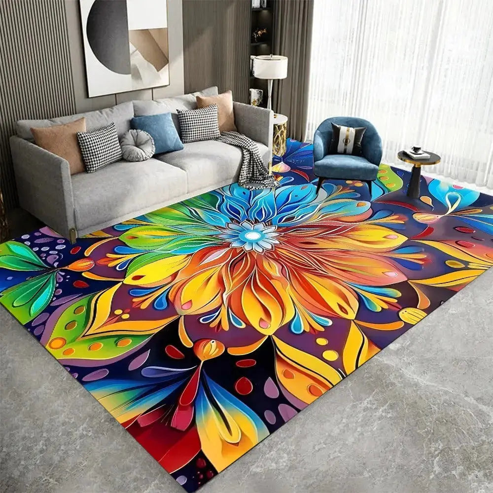 Mandala pattern bathroom rug near tub and sink