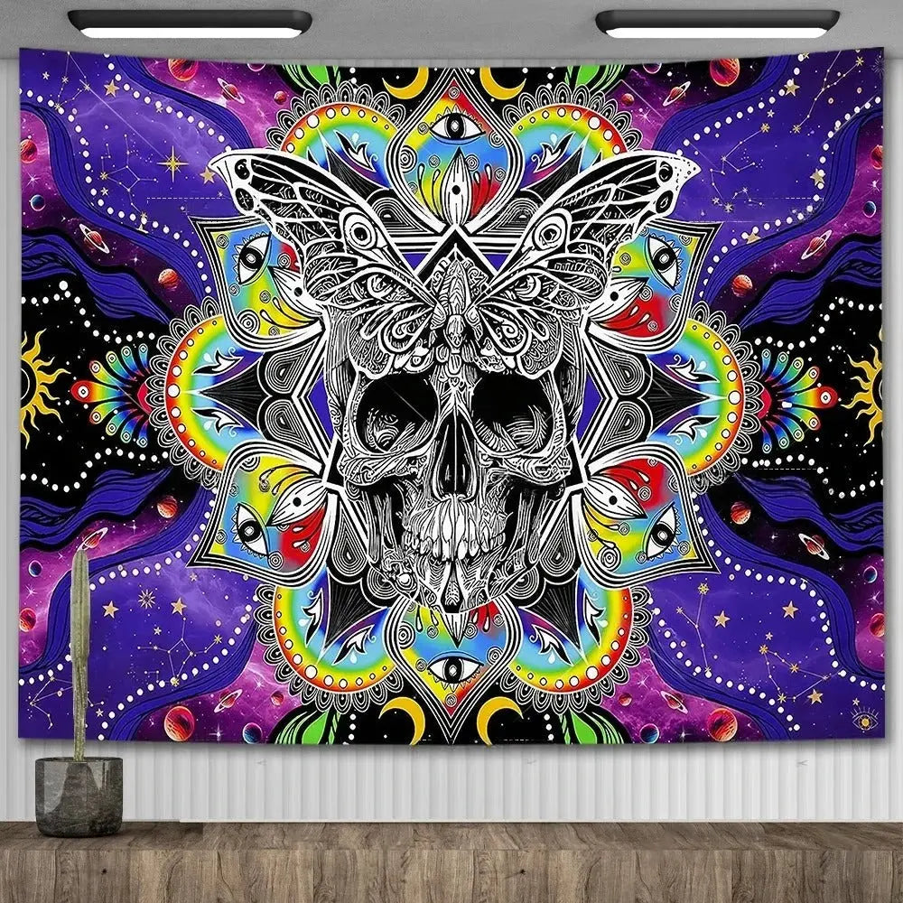 Mandala tapestry featuring skull and butterfly in circular spiritual design