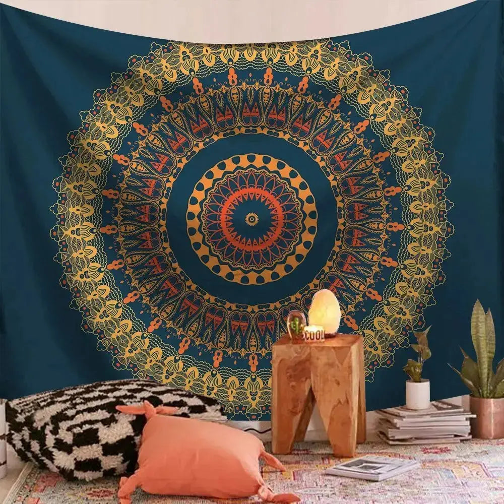 Indian Mandala Tapestry draped over a modern sofa