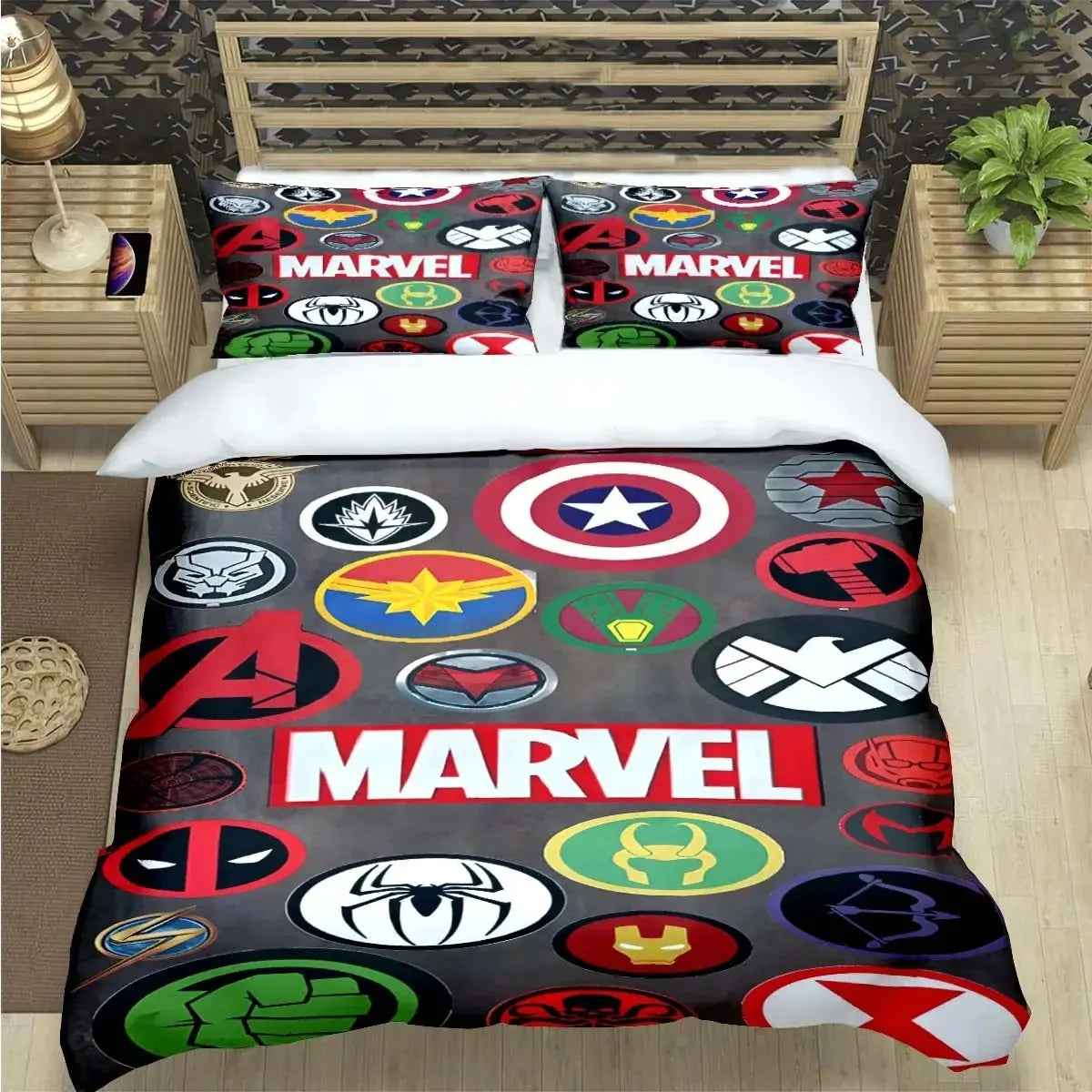 Marvel Avengers duvet cover set with bold superhero design on a queen bed