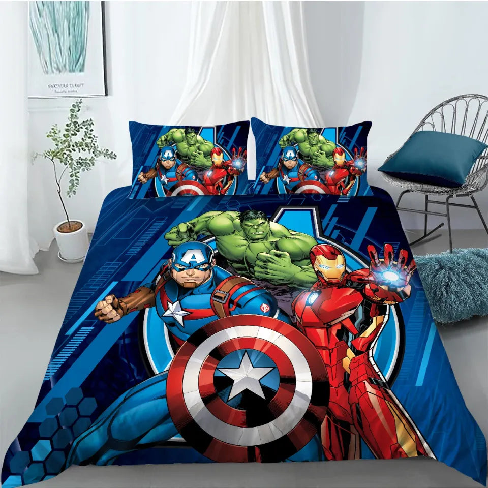 Marvel Avengers quilt cover for kids featuring Iron Man, Spider-Man and Captain America