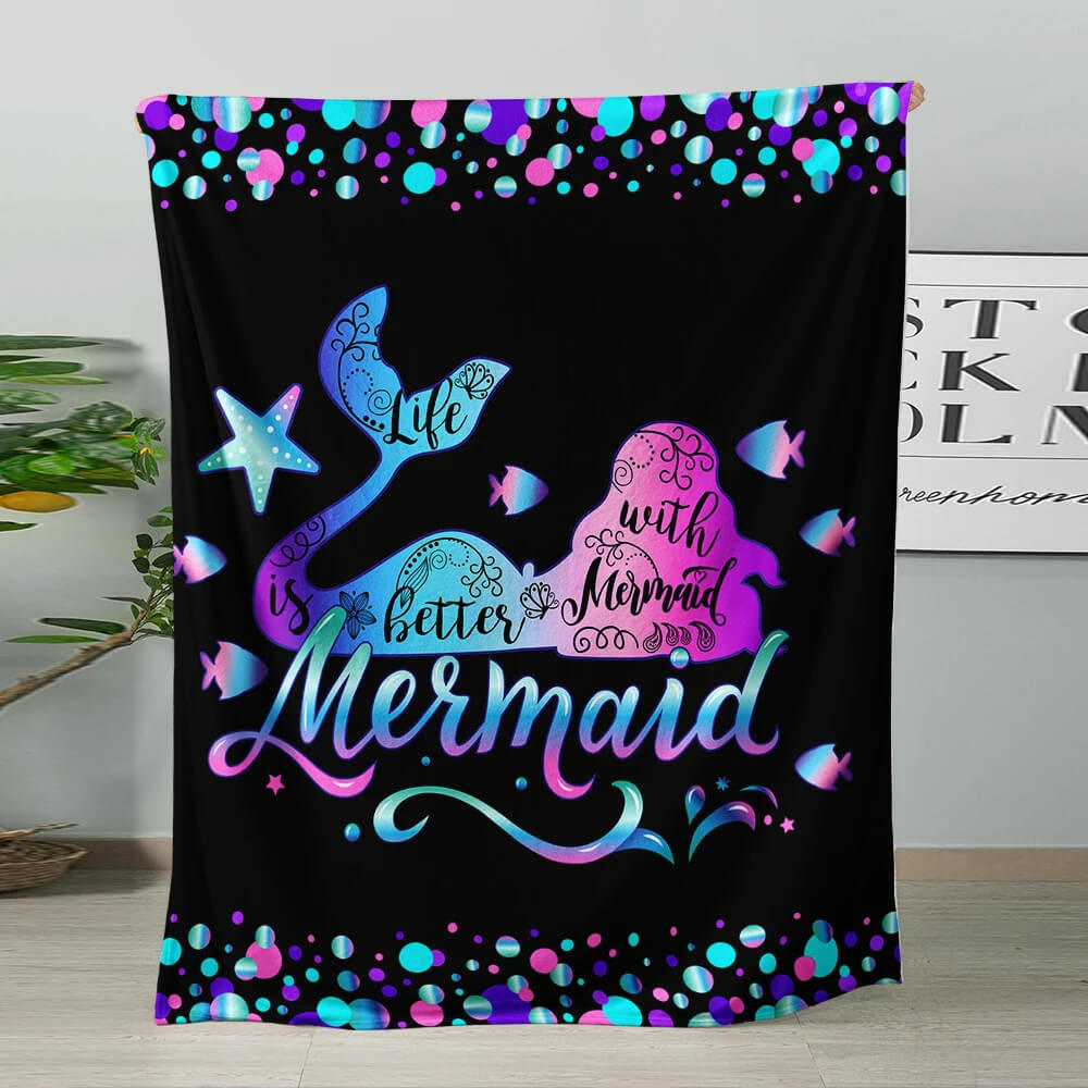 Mermaid tail flannel blanket with blue aqua seashell print