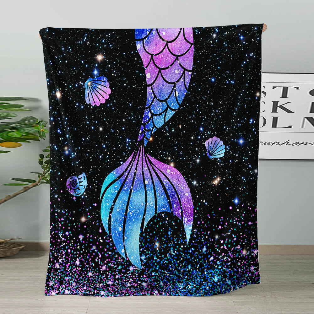 Blue aqua mermaid tail blanket with seashell design