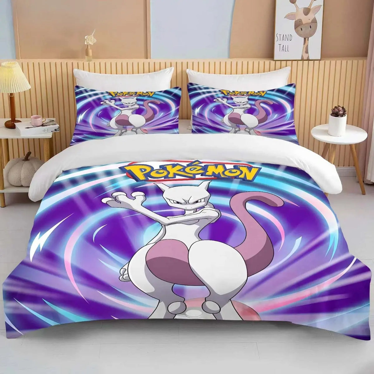 Mewtwo Pokémon duvet set with pillowcase on bed, anime theme