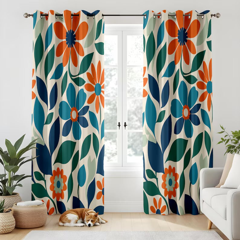 Mid-Century Floral Blackout Curtains, Retro Orange Blue Green Living Room Drapes, Vibrant Botanical Window Panels, Modern Home Decor
