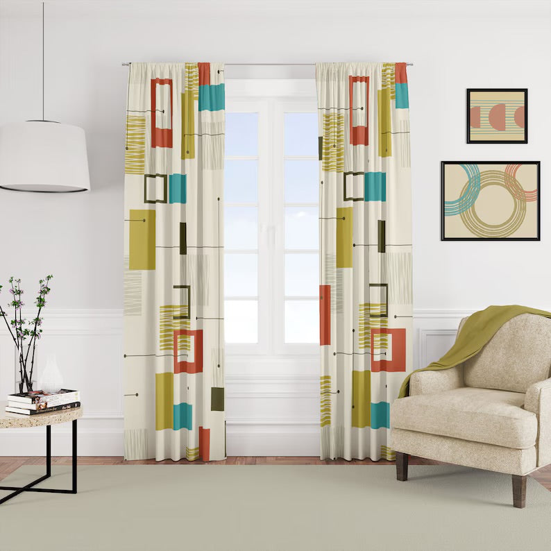 Mid Century Modern Curtains, Mid Century Modern Decor, Retro Abstract Curtains, Blackout Curtains For Living Room, Window Curtains Bedroom
