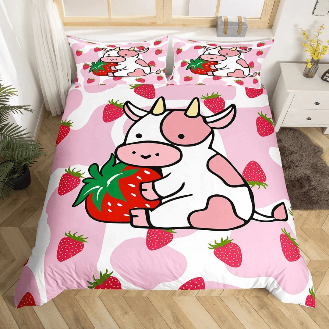 Milk cow duvet cover pink and white cartoon bedding