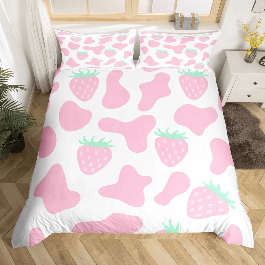 Cute cow print bedding set with strawberries