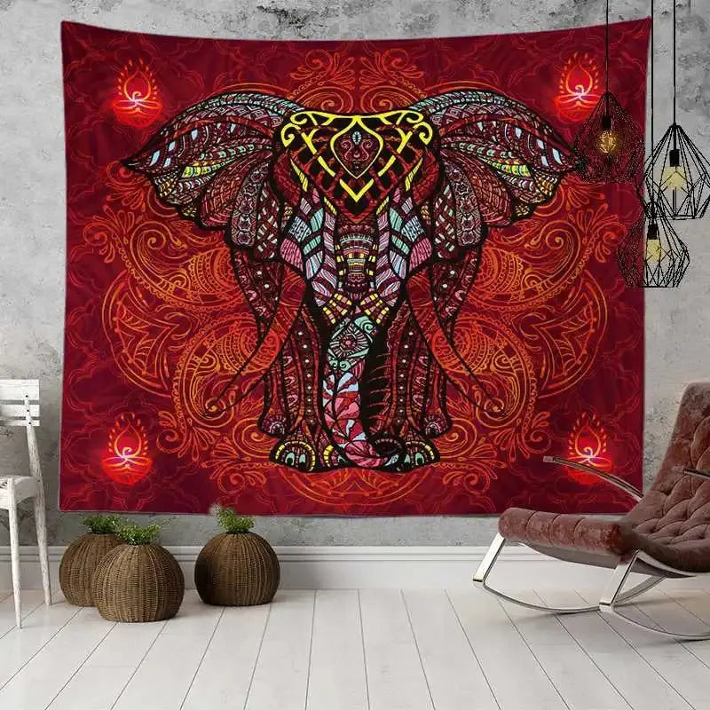 Minimal bohemian tapestry with elephant and lace mandala