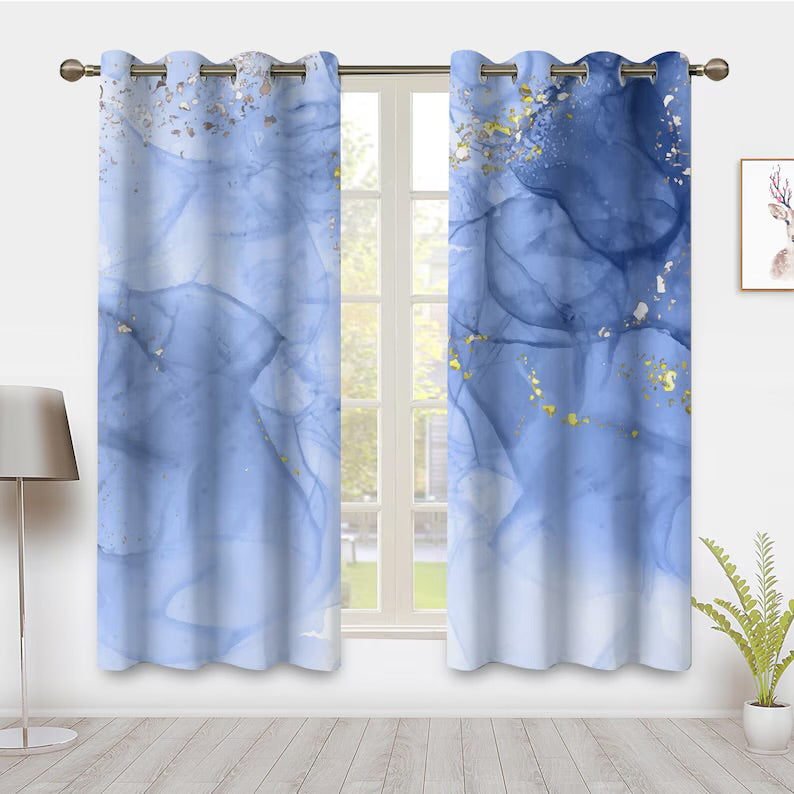 Minimalist Purple marble art Window Curtains, Abstract Gold stripes Window Treatment Blackout Curtain, For Bedroom living room privacy Decor