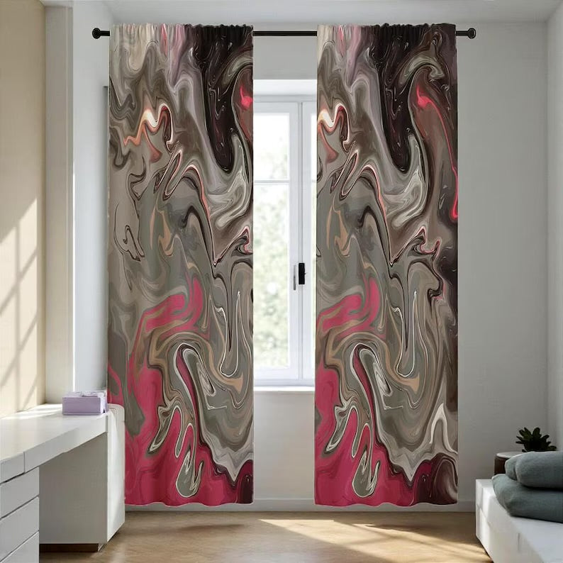 Modern Abstract Window Drapes, Marble Swirl Art Curtain, Taupe and Pink Modern Curtain, Bold Artistic Marble Drapes, Boho Chic Swirl Curtain