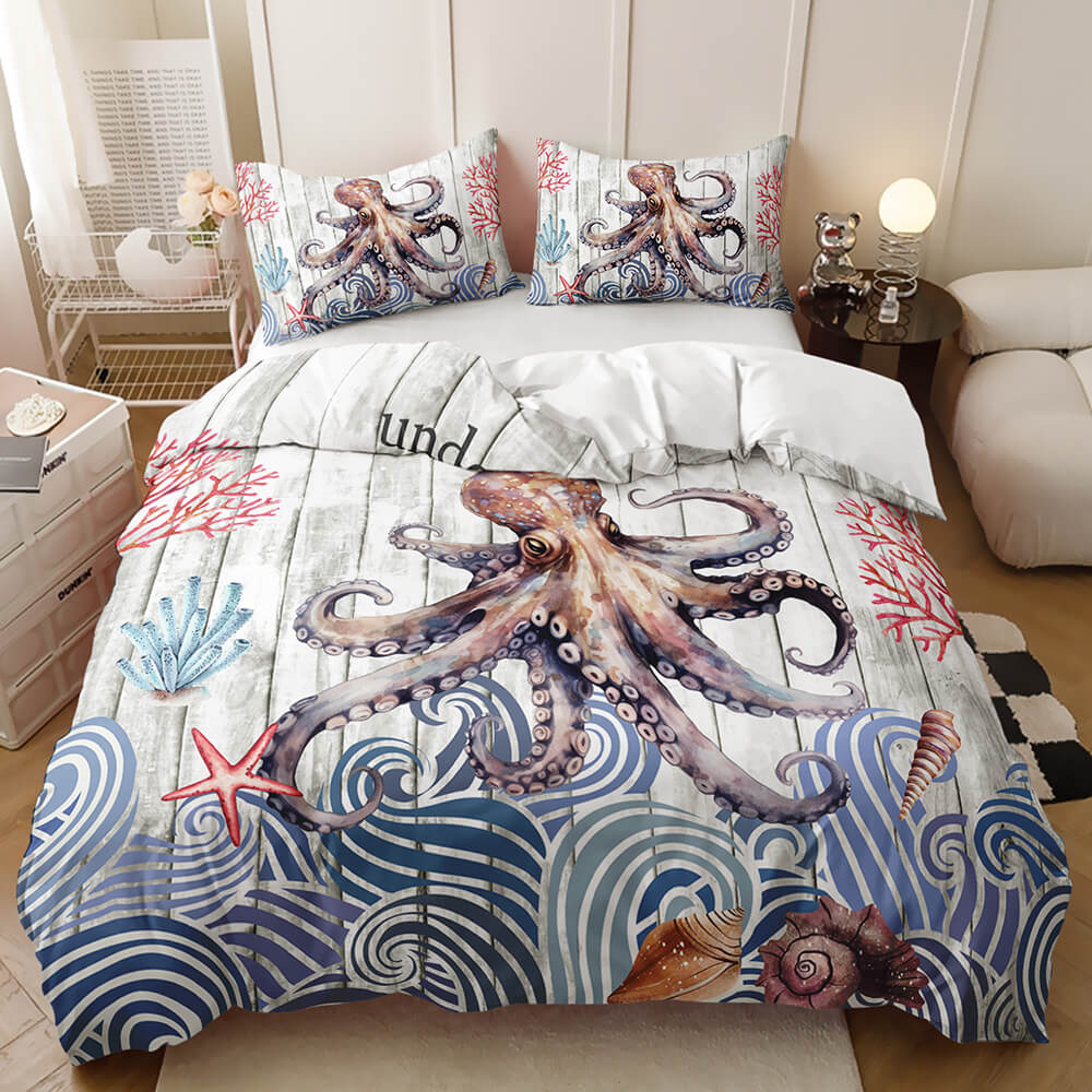 Modern marine animal bedding set with octopus design