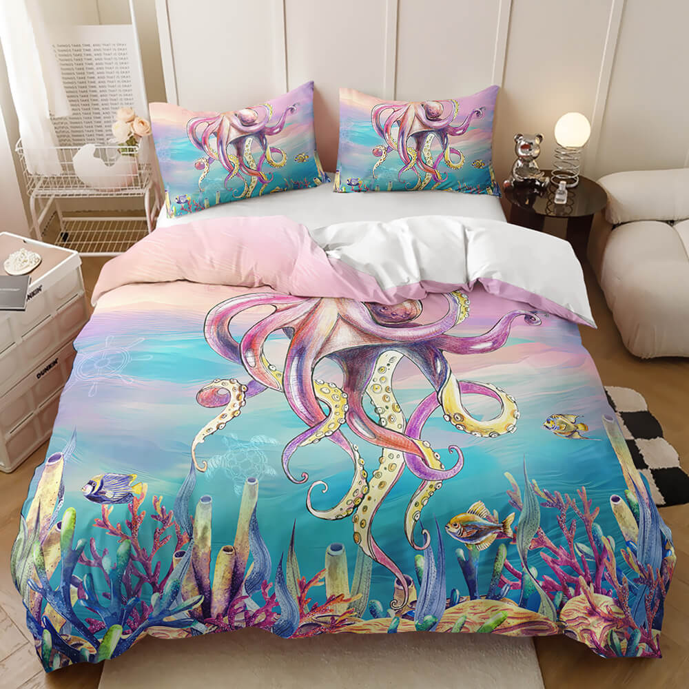 Octopus doona cover set with colorful marine life print
