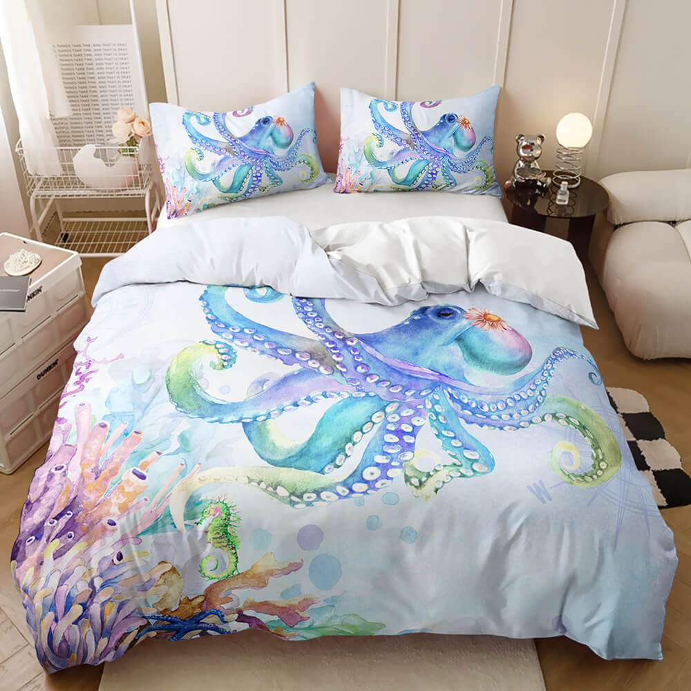 Modern ocean animal quilt cover with octopus design