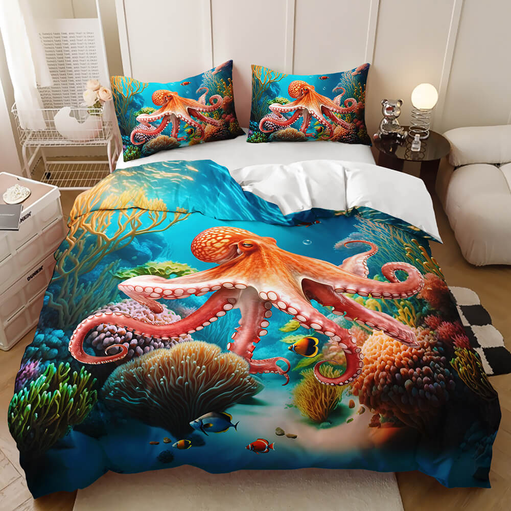 Colorful marine life quilt cover with octopus print