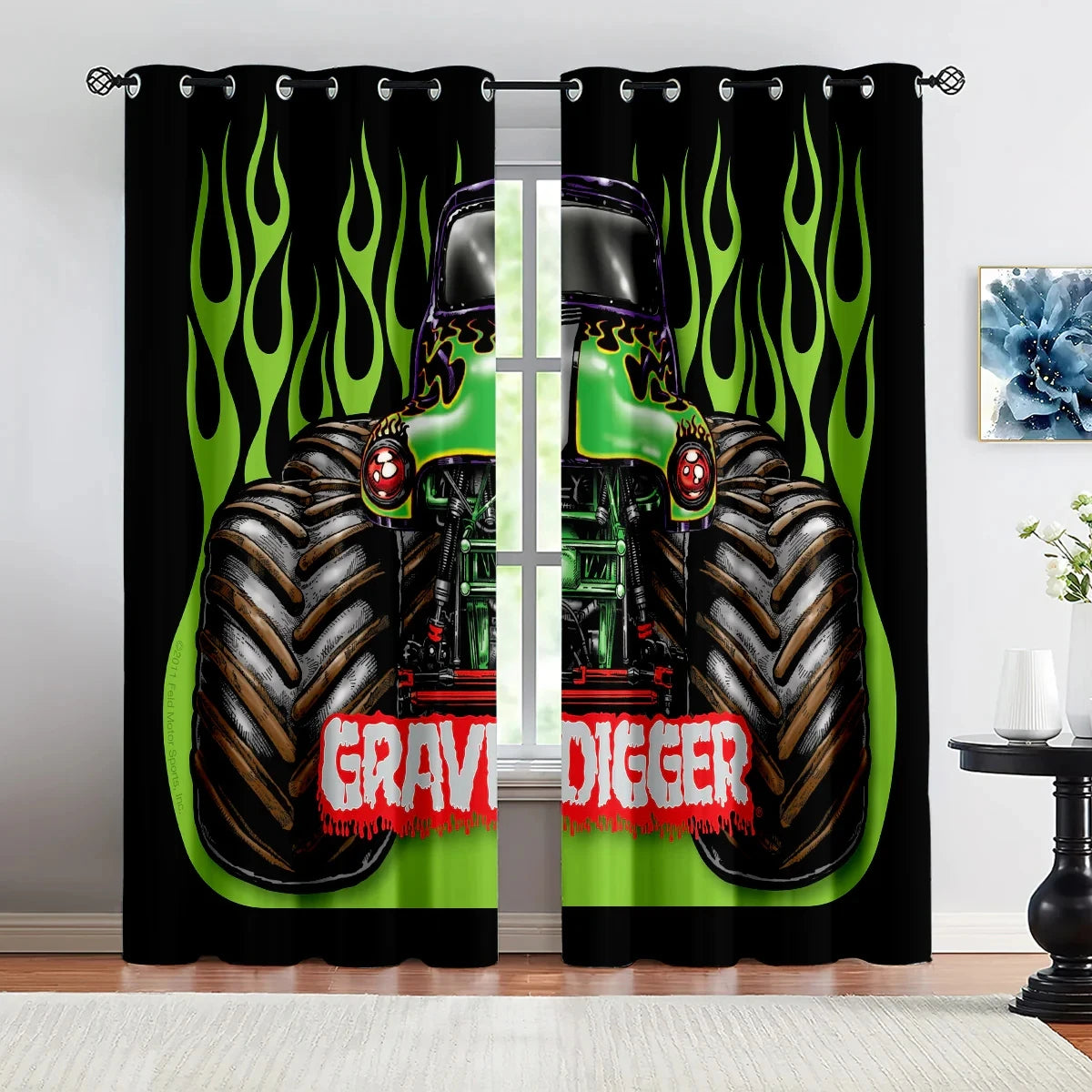 Monster Jam Grave Digger themed curtains