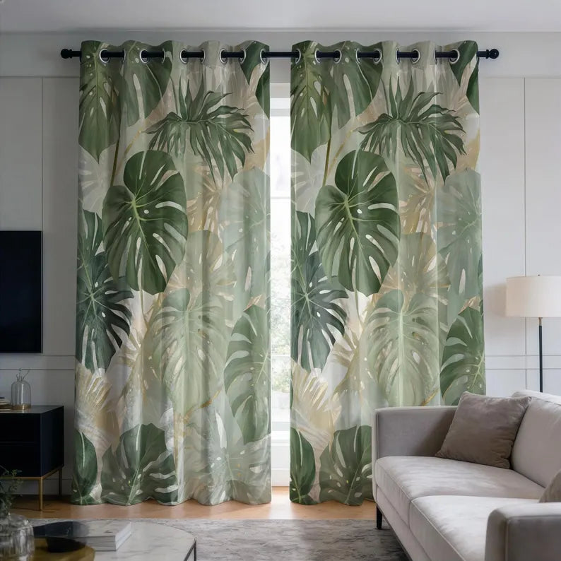 
Monstera Leaf Curtains Tropical Green Drapes