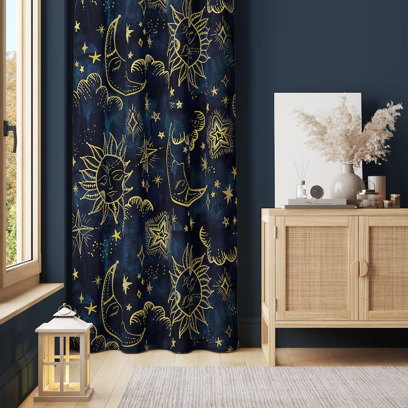 Moon and Sun Curtains, Window Curtains, Bedroom Curtain, Cotton, Sheen or Blackout Curtain, Room Decor,