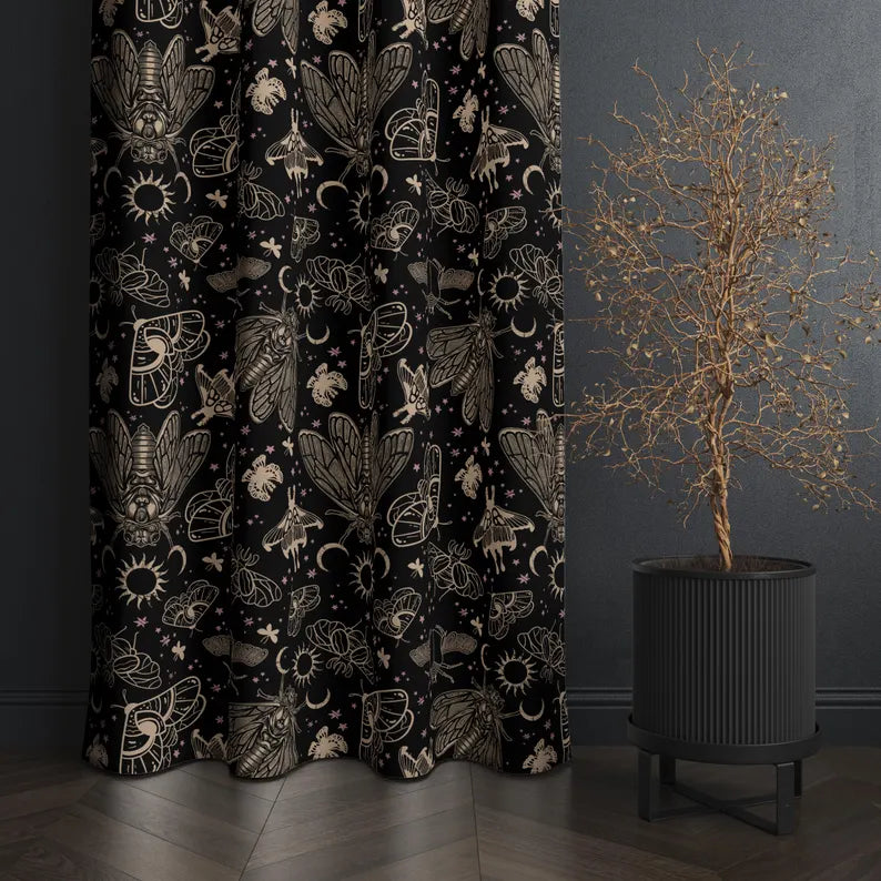 Moth Blackout Curtains, Celestial Whimsigoth Window Drapes w/ Moody Occult Aesthetic, Gothic Housewarming Gift for Witchy Home Decor