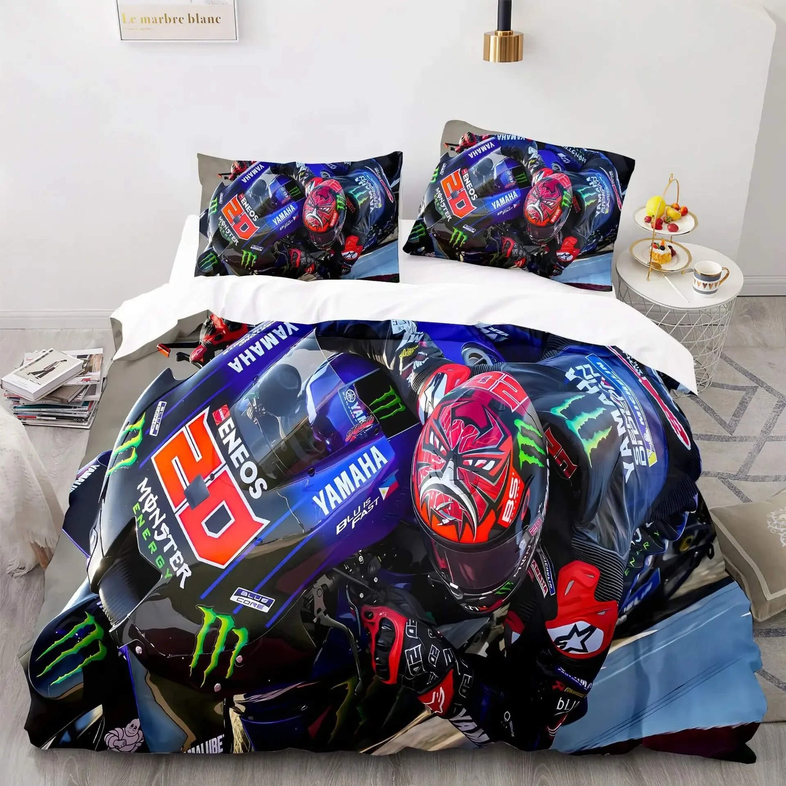 MotoGP bed set with high-speed bike print
