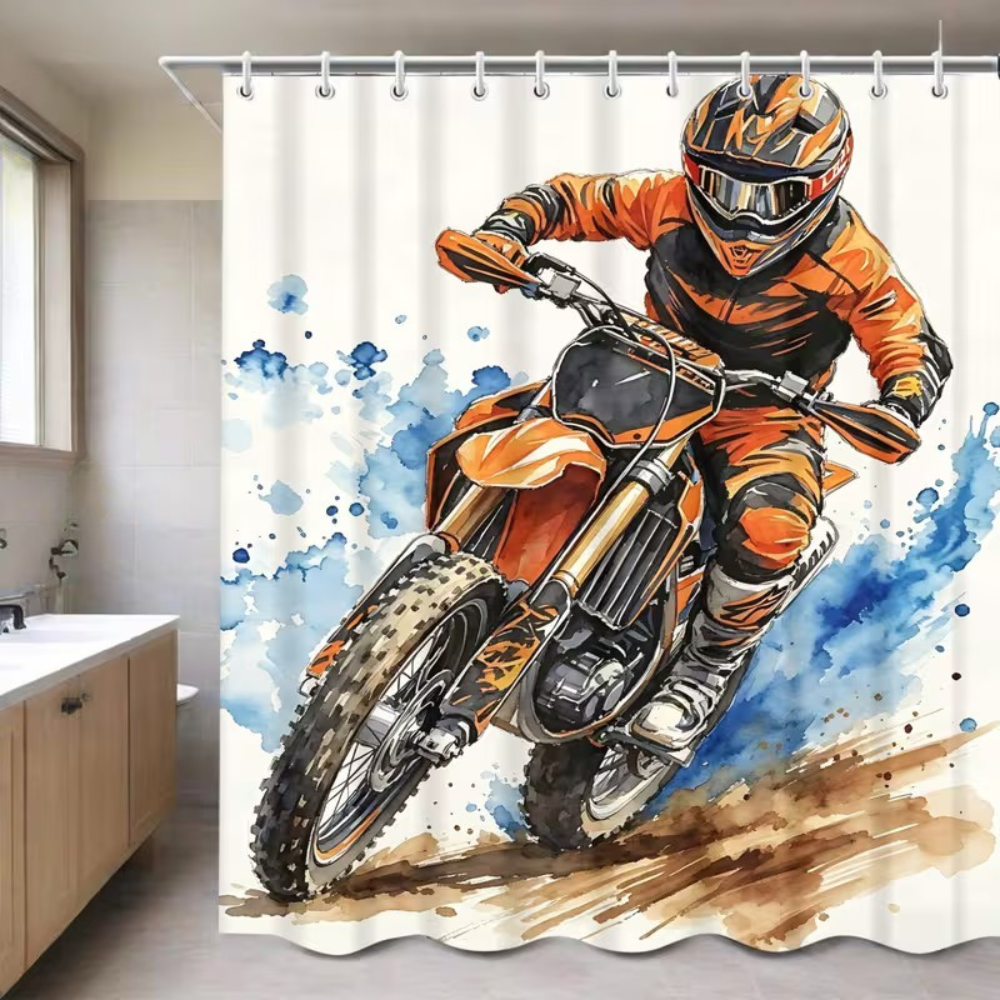 Racing themed shower curtain for dirt bike fans