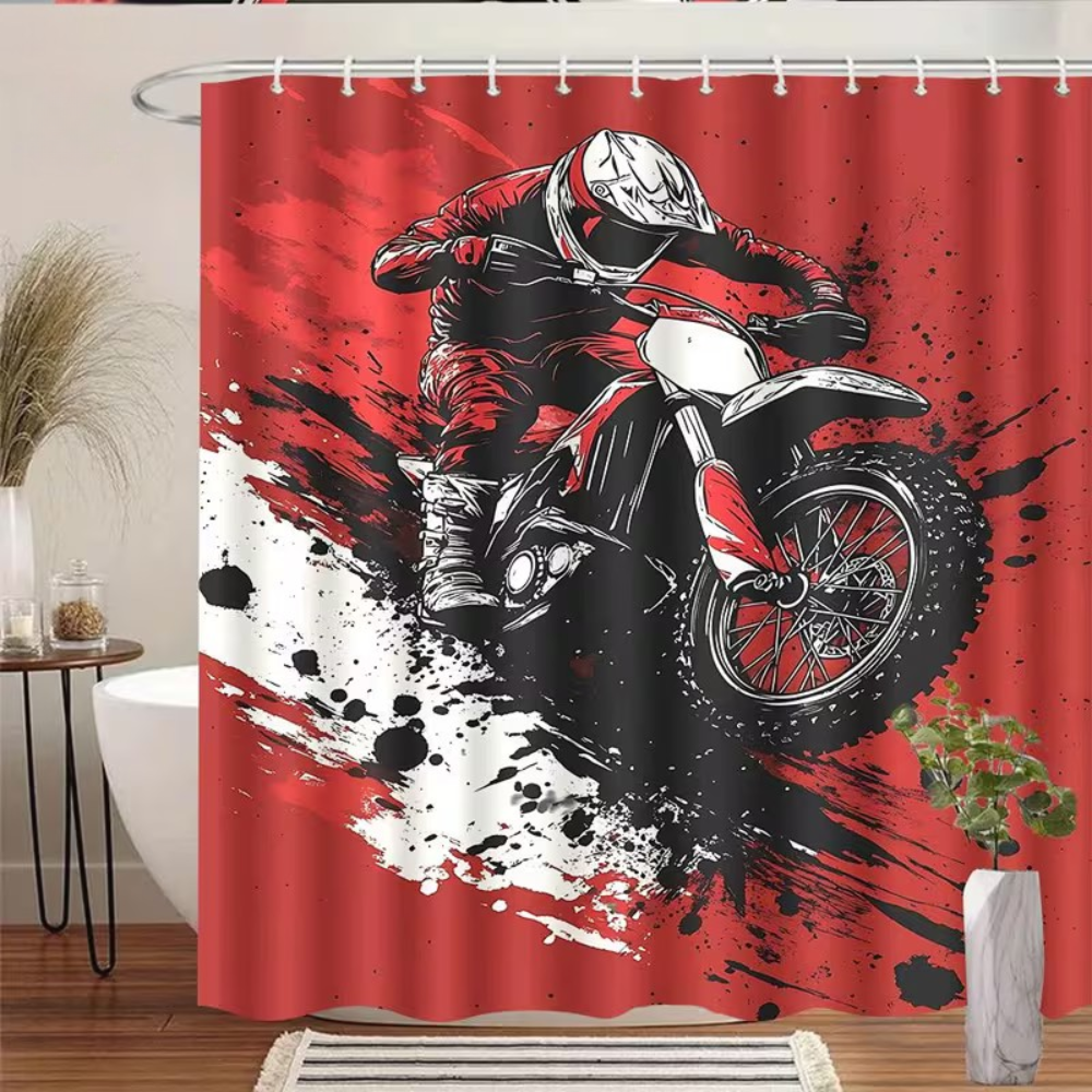 Motocross bathroom curtain with racing design