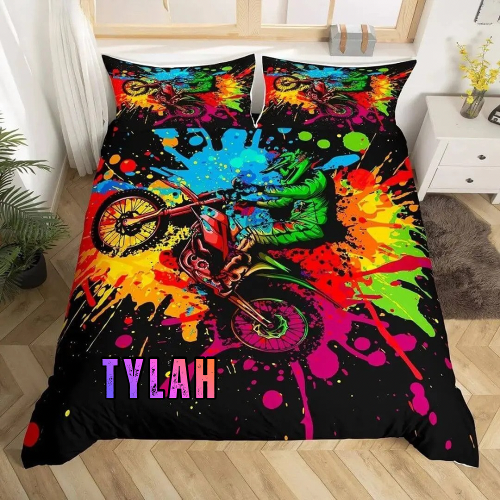 Custom dirt bike bedding set for kids and teens