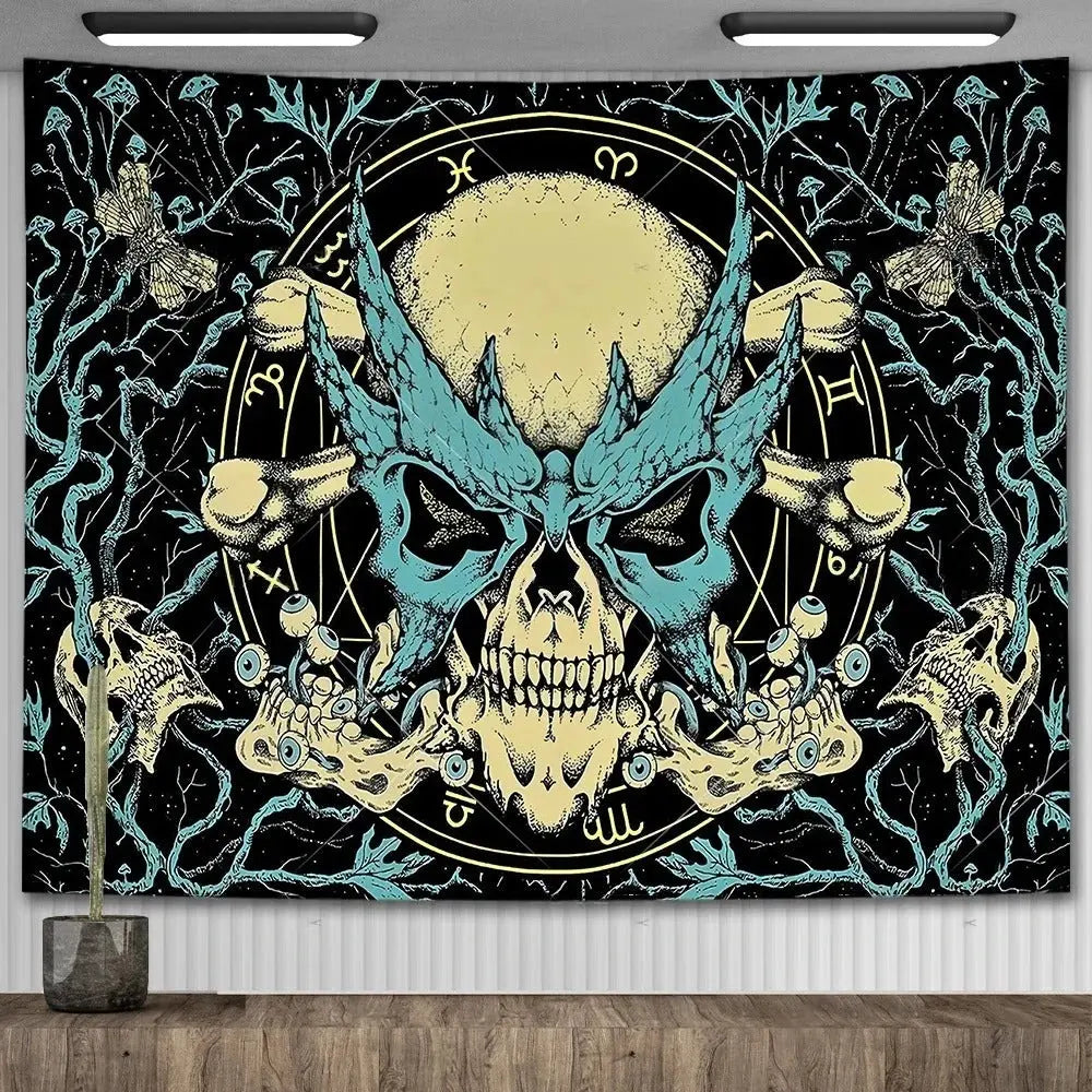 Skull and mushroom floral gothic wall hanging in dark botanical aesthetic