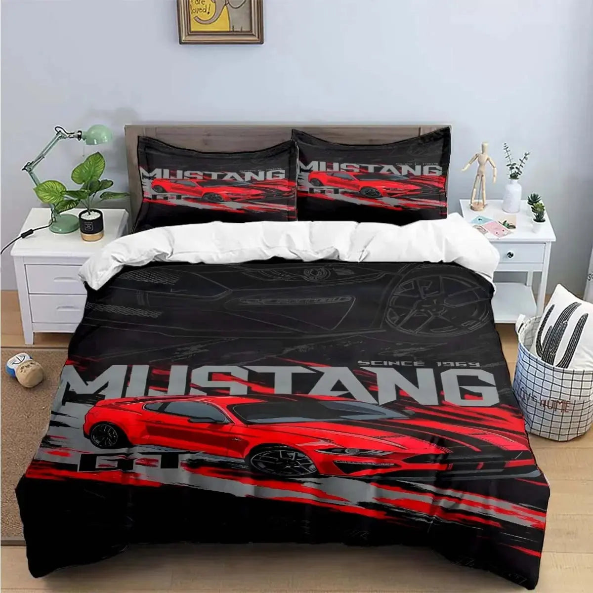 Mustang print bedding set with car design on a king-size bed