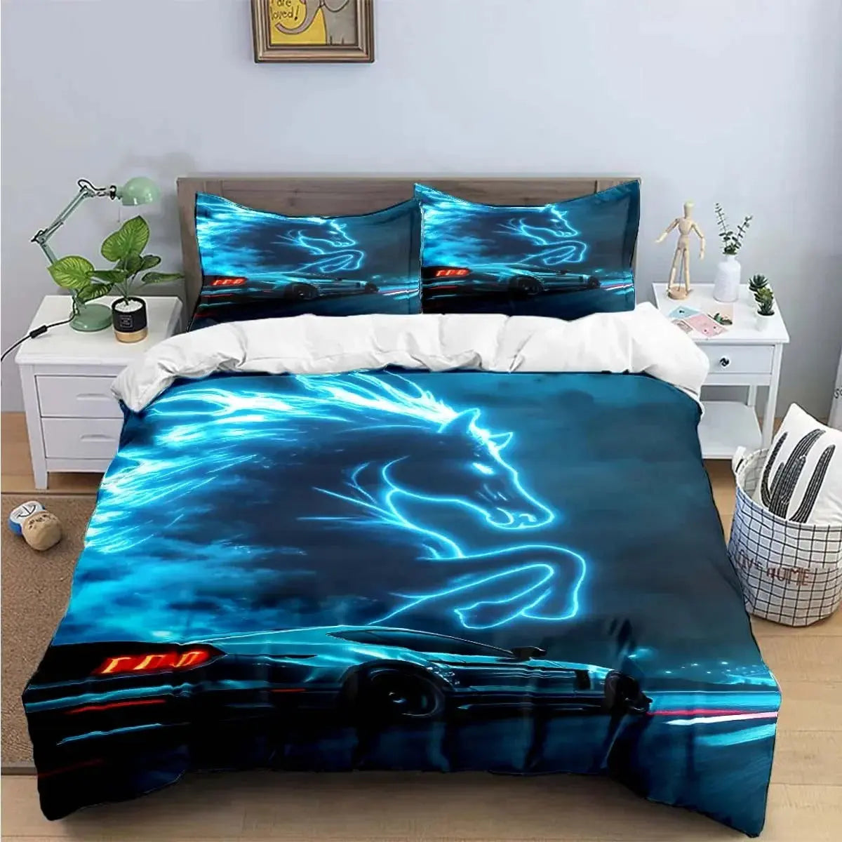 Mustang bedding with racing car print on bed, pillowcases included