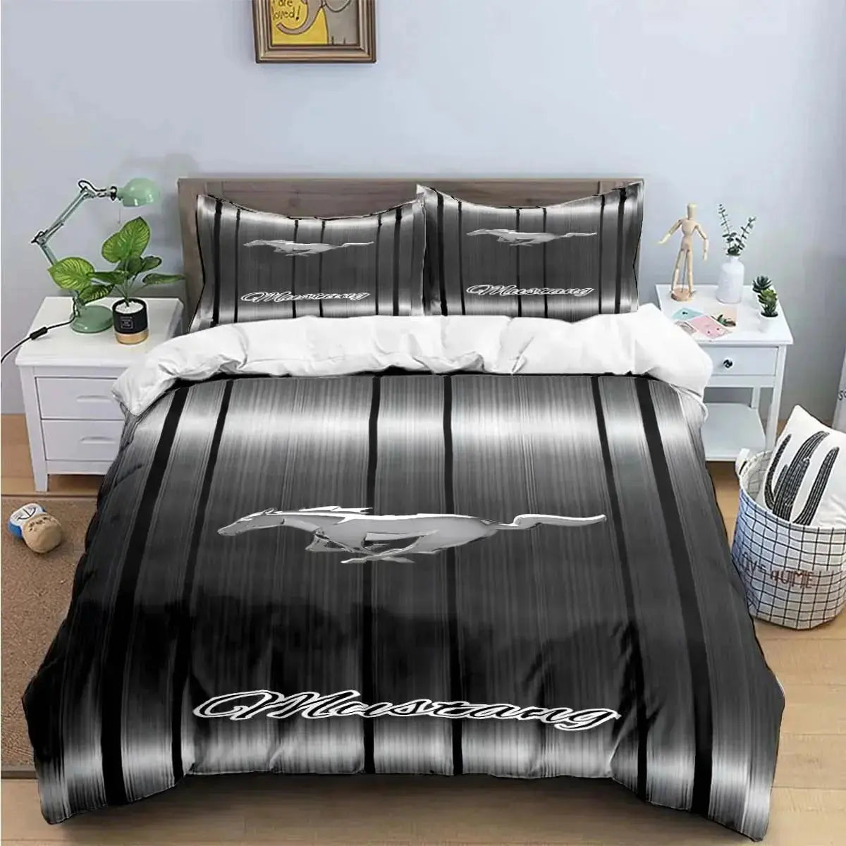 Mustang luxury bedding set with bold automotive design on king bed