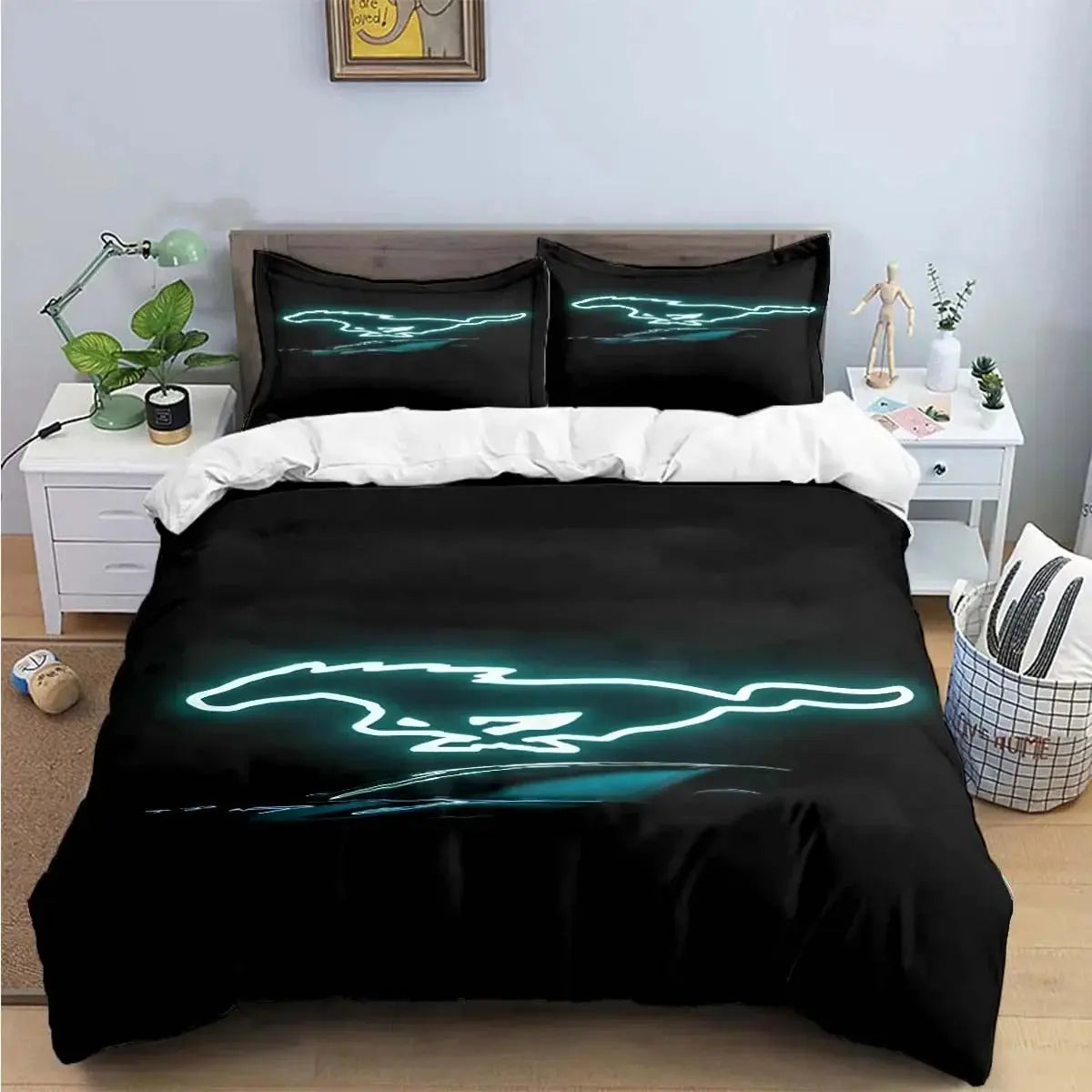 Mustang muscle car quilt cover set on a bed with car-themed pillowcases