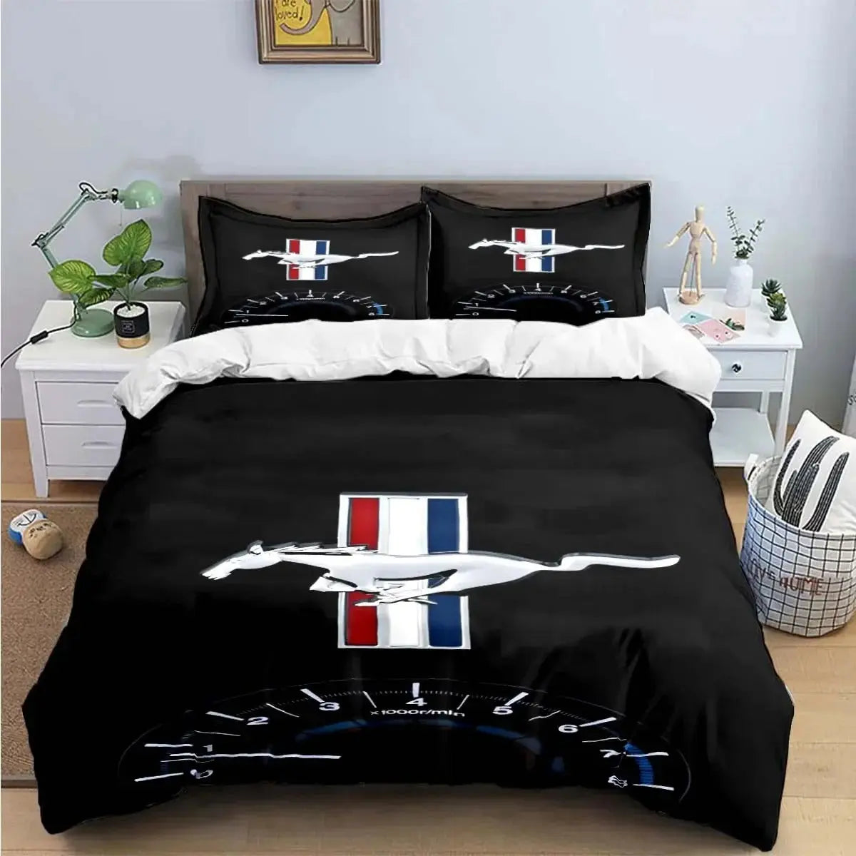 Mustang racing bedding with high-speed car art on queen-size bed