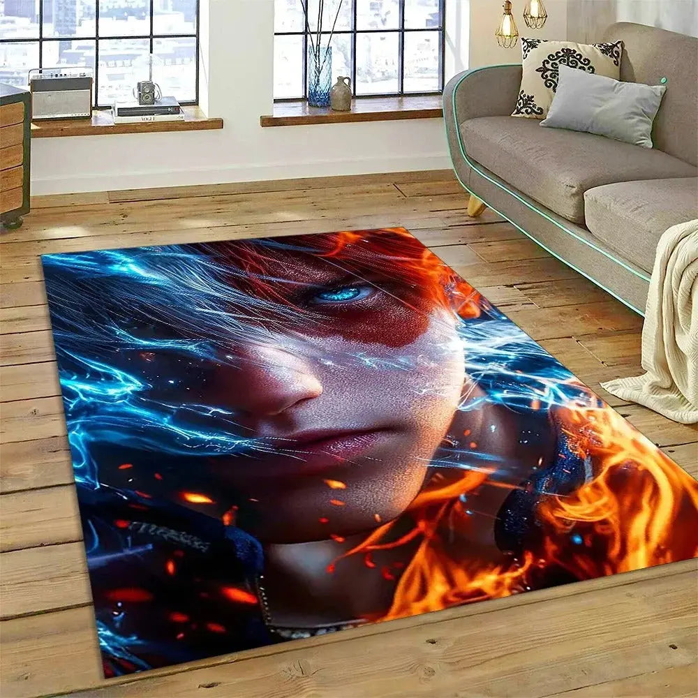 My Hero Academia anime rug featuring Deku and Bakugou in a bold action pose placed in a modern bedroom with anime-themed decor