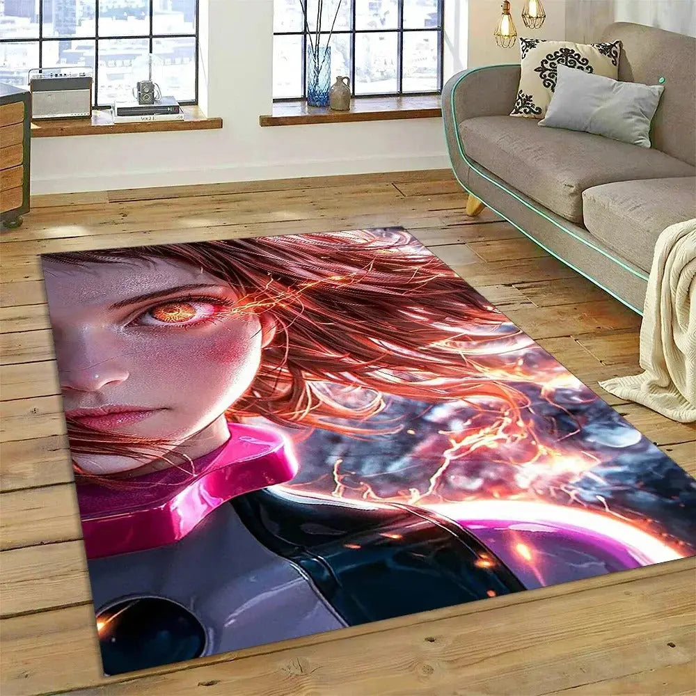 My Hero Academia anime rug featuring Deku and Bakugou placed beside a bed in a themed anime bedroom