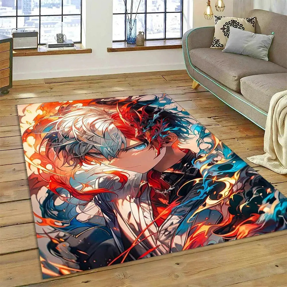 MHA cartoon-style rug with Deku and Bakugou in a stylish living room setup