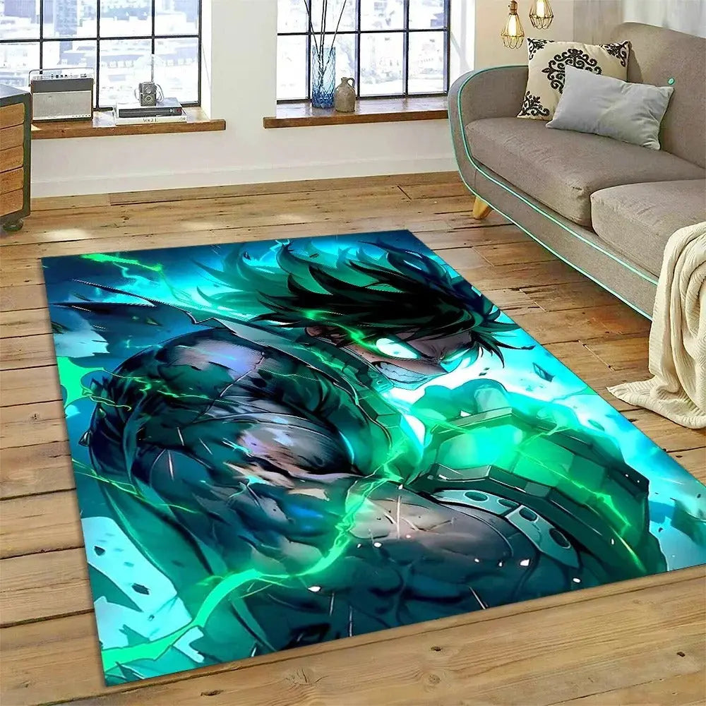 Colorful My Hero Academia anime rug placed in a kids' bedroom with hero-themed decor