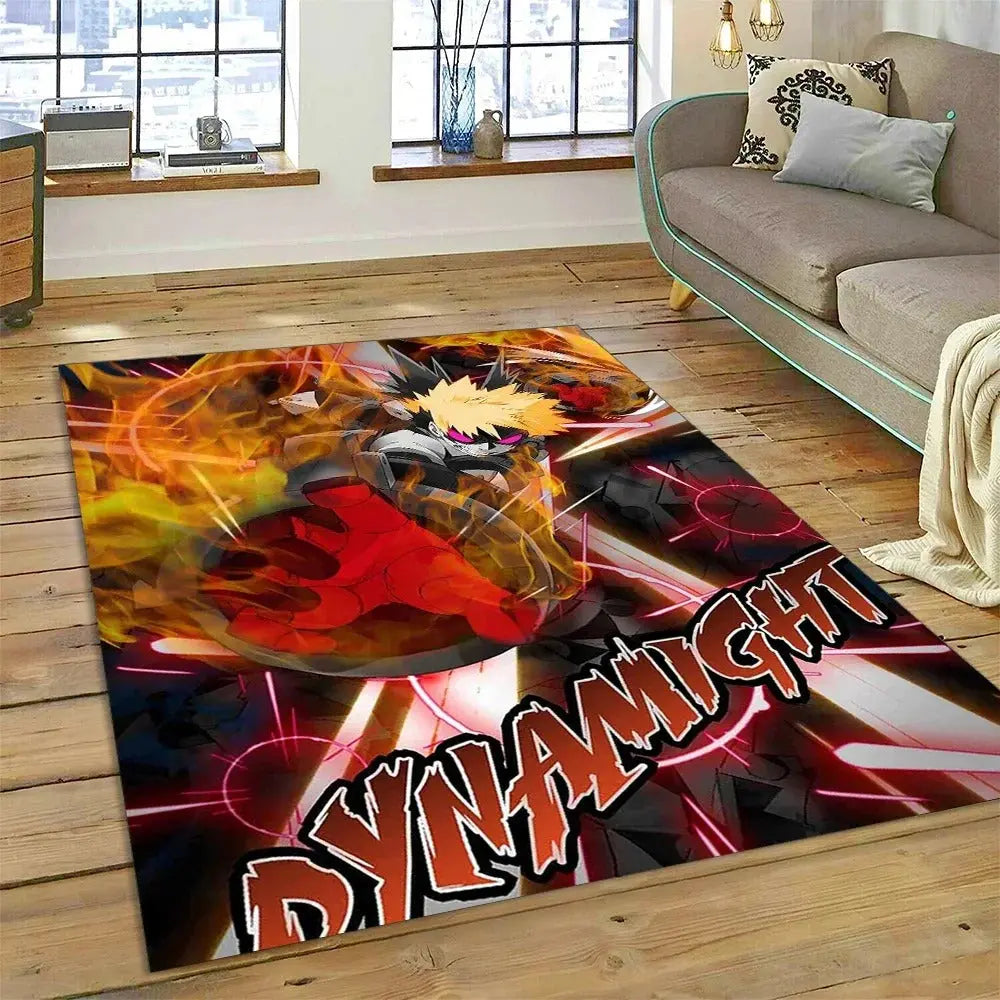 Deku and Bakugou anime rug placed under a gaming setup with posters and LED lights