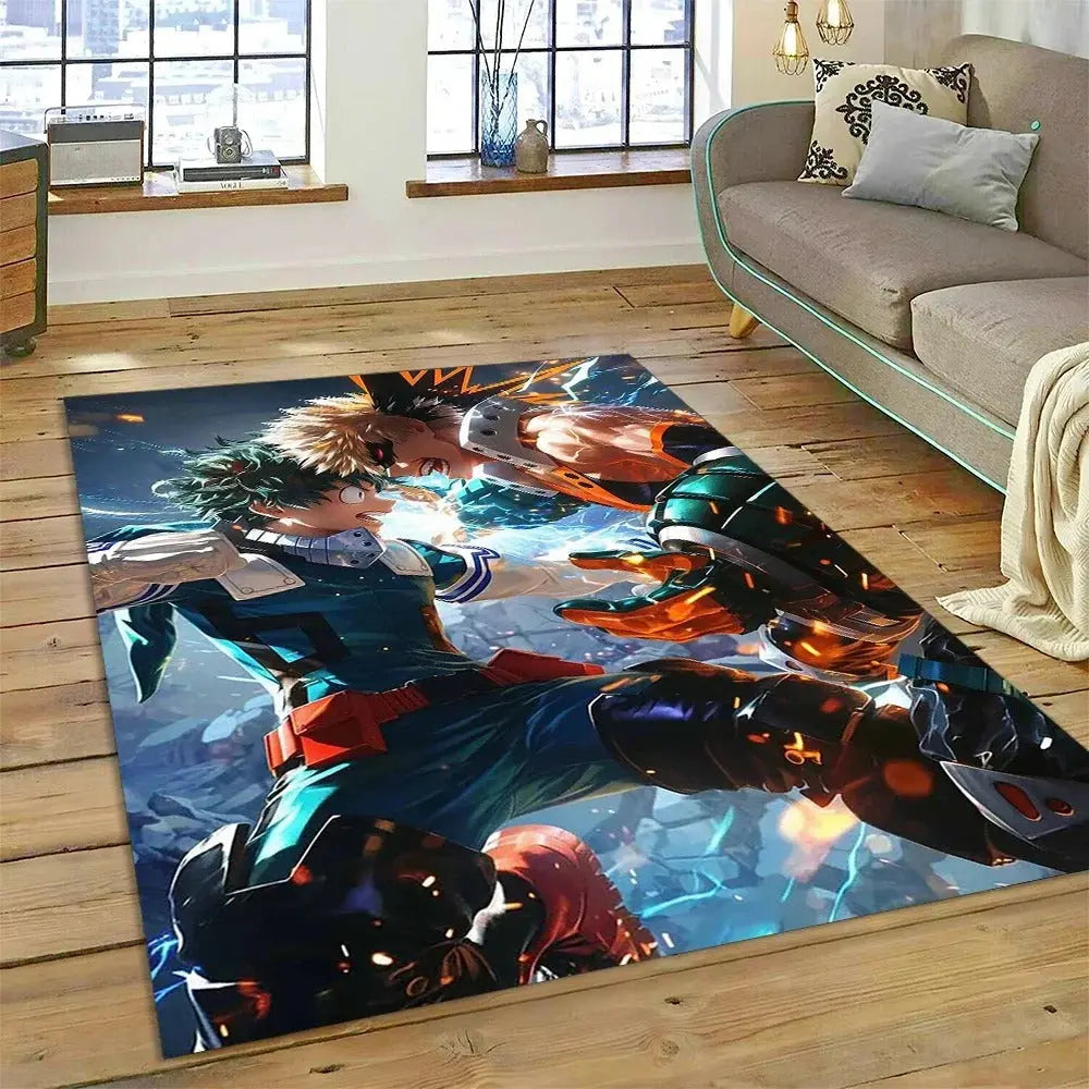 My Hero Academia rug laid out in a college dorm room with cozy anime bedding