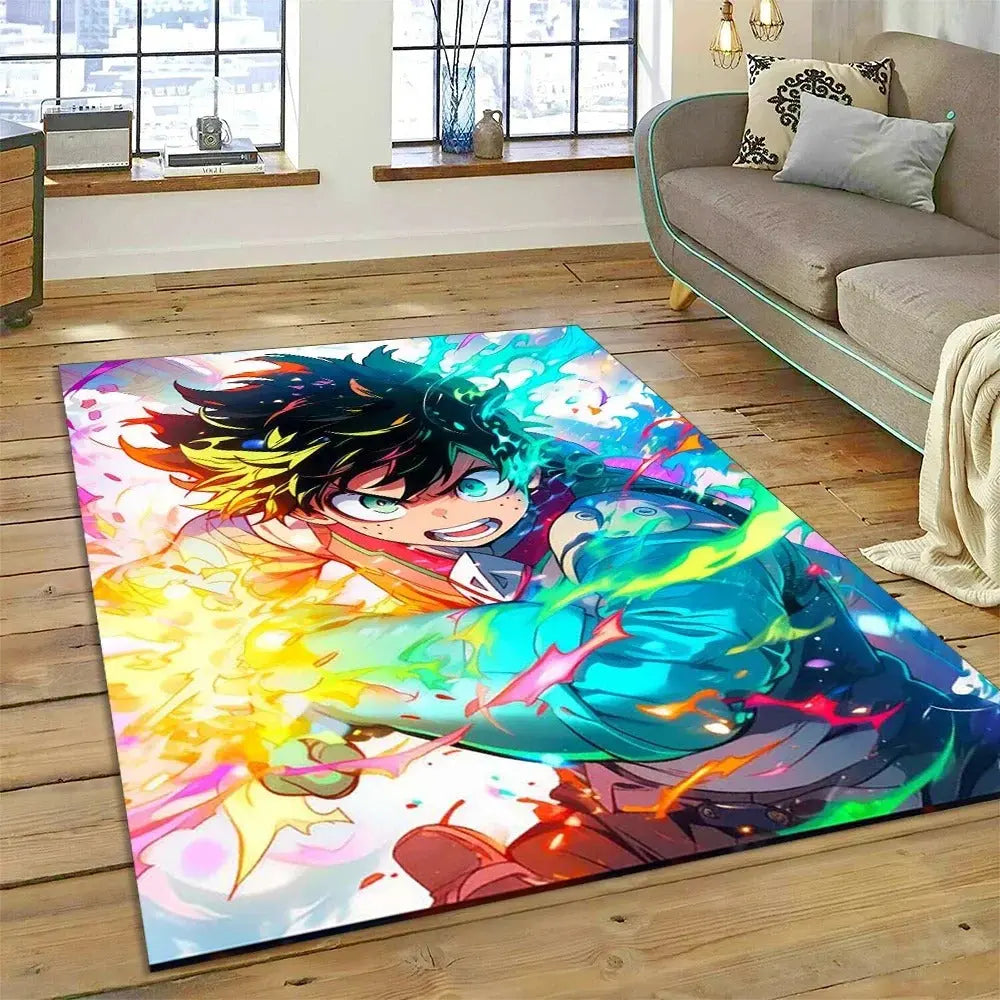 Anime carpet showing Deku and Bakugou in action pose placed in a modern bedroom