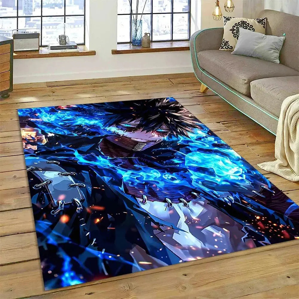 Long hallway rug with MHA characters adding style to a modern hallway floor