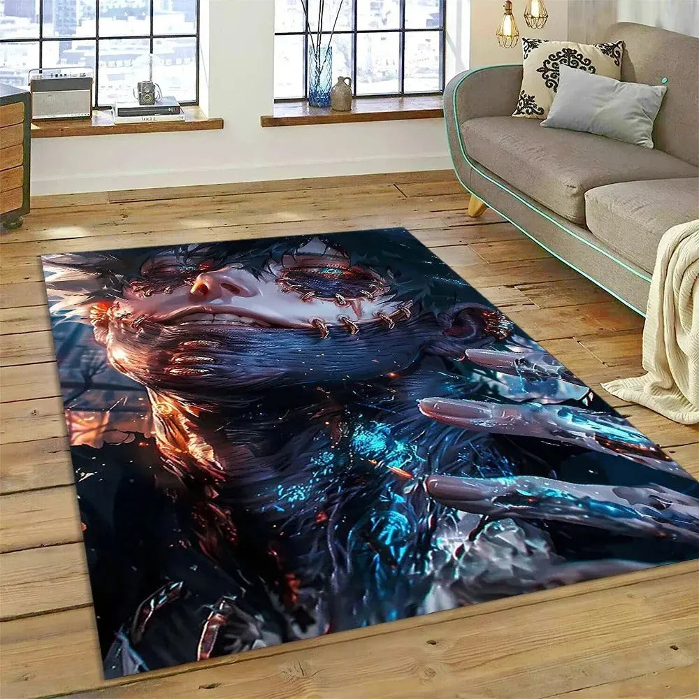 Entryway rug with My Hero Academia design placed near front door with anime touches