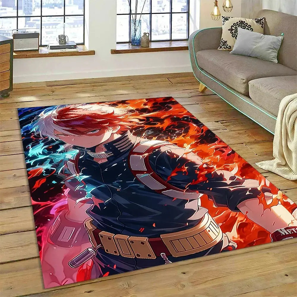 Action-themed Deku and Bakugou anime rug placed at the foot of a bed