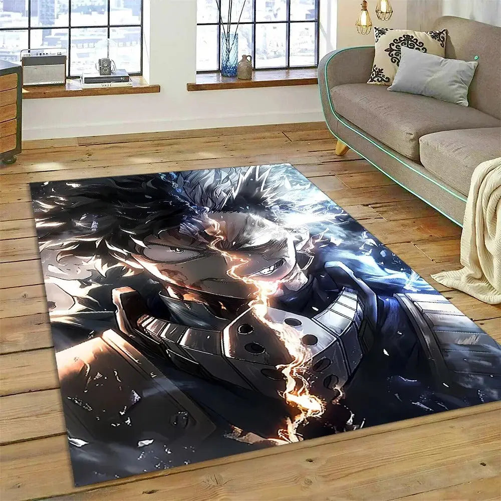 Soft MHA anime rug placed in a clean, modern living room with cozy lighting