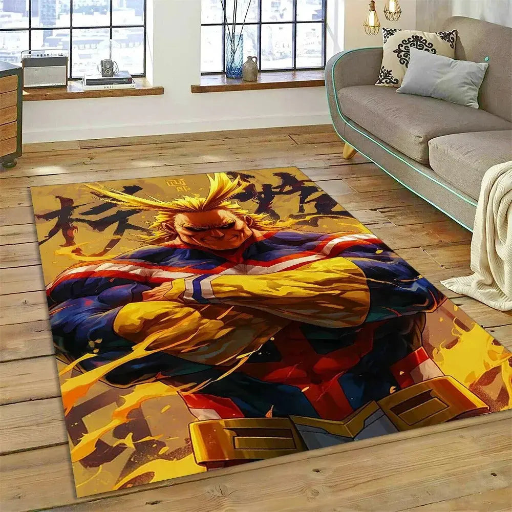 My Hero Academia rug placed in a playroom with anime toys and furniture