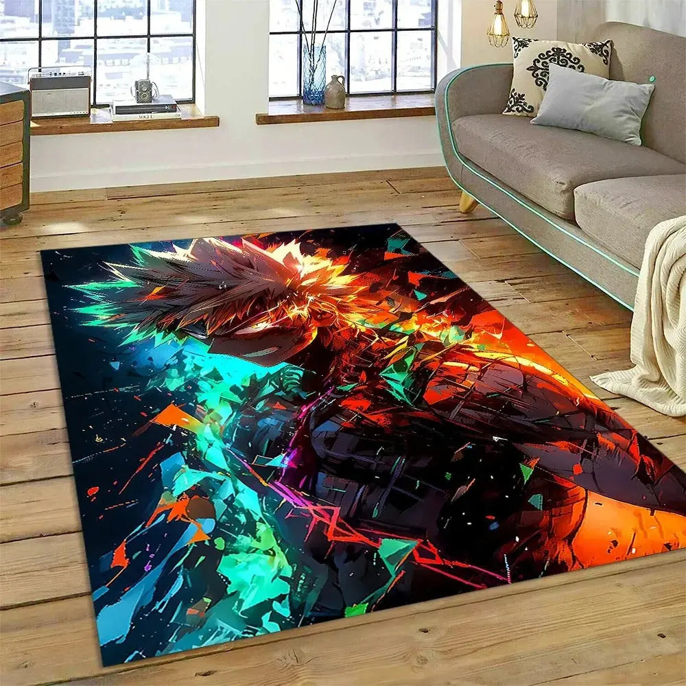 Lightweight and foldable Deku and Bakugou anime rug ideal for storage and moving