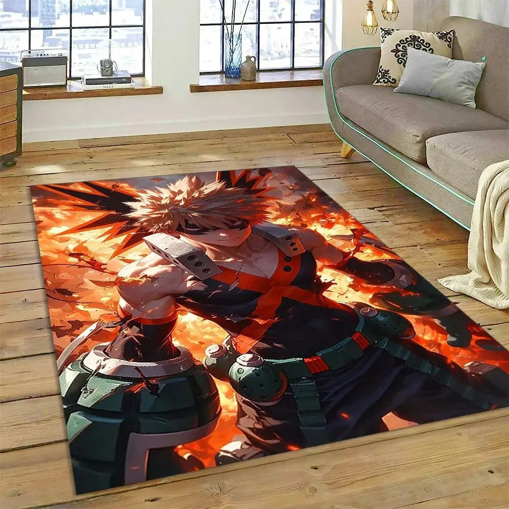Decorative rug with MHA design placed under a chair in a reading corner